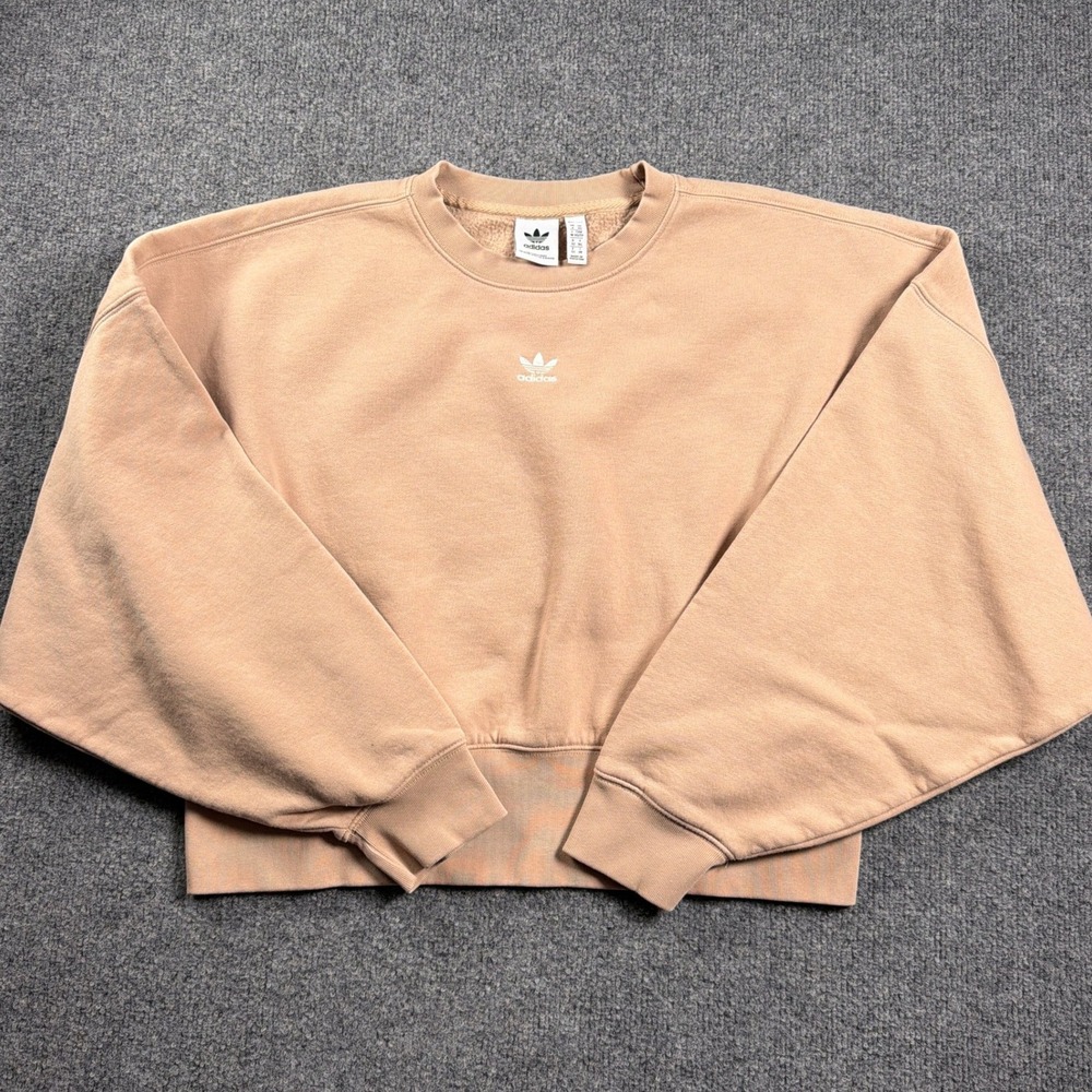 Adidas Trefoil Sweater Cropped Women XS Tan Adicolor Essentials Fleece Oversize
